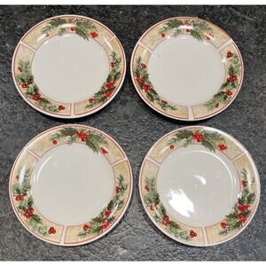 4 Everyday Gibson 7” Holly Berries Mistletoe Christmas Porcelain Salad Plates